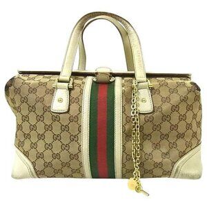 Gucci Vintage Jolicoeur Satchel Brown Large G Print Canvas w White Leather